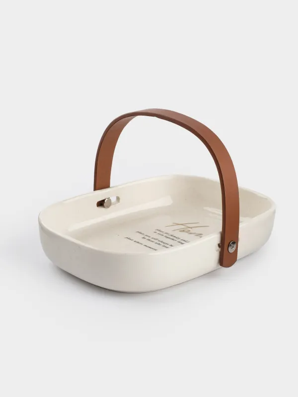 Блюдо, 20x14 см, с ручкой, керамика/полиуретан, овальное, белое, в крапинку, Course, image-0