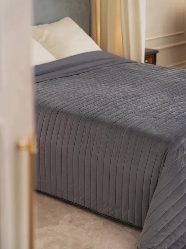 Покрывало, 220х240 см, стеганое, вельвет/микрофибра, серое, Stitch velvet, image-2