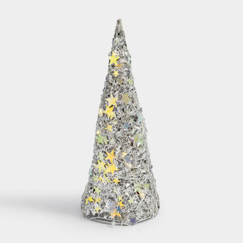 Ель-конус, 20 см, с подсветкой, полиэстер/металл, серебристая, Звезды, Frosty sparks