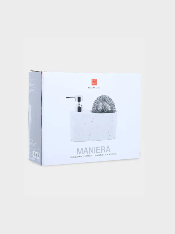 Диспенсер для моющего средства, 628 мл, органайзер, с губкой, керамика, белый, Maniera, image-3