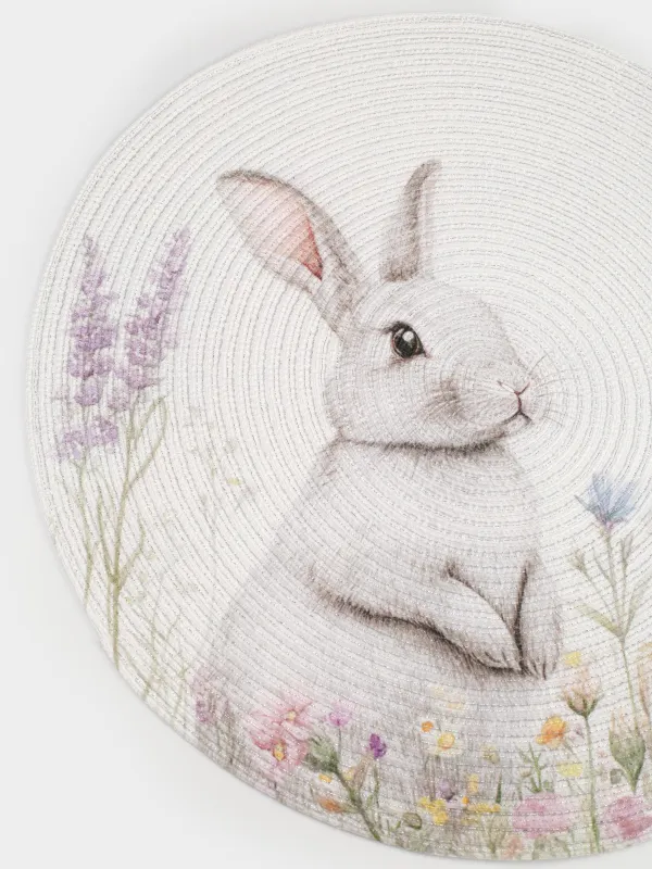 Салфетка под приборы, 38 см, полиэстер, круглая, белая, Кролик в цветах, Rotary print, image-3