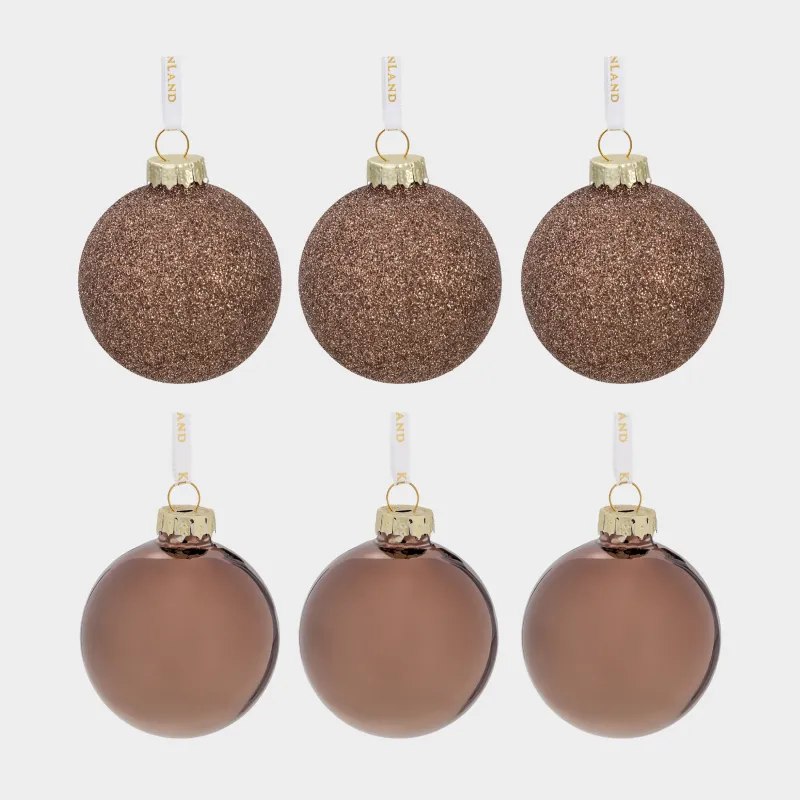 Набор елочных игрушек, 6 см, 6 шт, стекло, с блестками, бронзовый, Шар, Ball sparkle