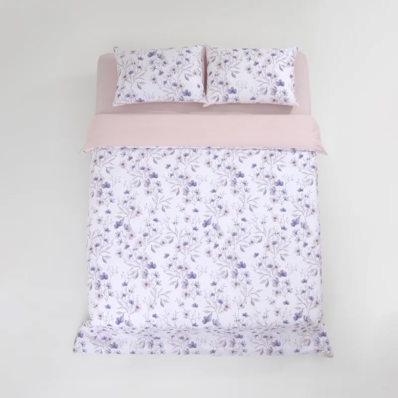 КПБ евро, сатин 205 ТС, белый, Лиловые цветы, Satin