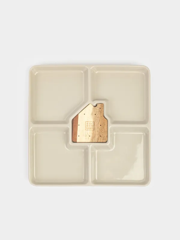 Менажница, 22 см, 4 отд, со шпажками, дерево/керамика, белая, Домик, House, image-5