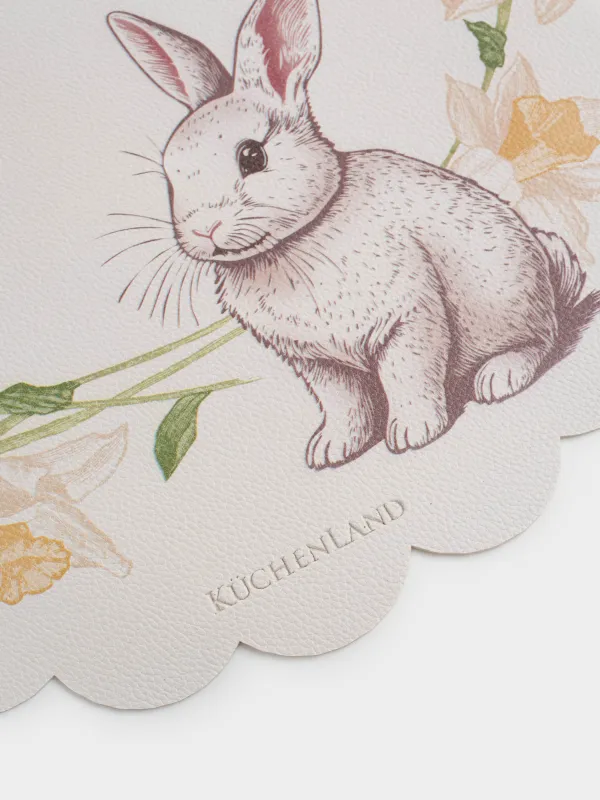 Салфетка под приборы, 38 см, ПВХ, фигурная, молочная, Кролик и нарциссы, Rock print, image-1