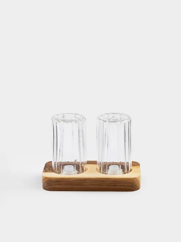 Набор для соли и перца, 8 см, на подставке, стекло Р/дерево, Ribby wood, image-0