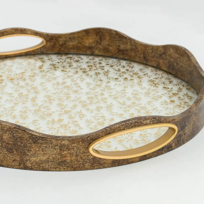 Поднос, 35 см, пластик/стекло, круглый, золотистый, Цветы, Floral, image-5