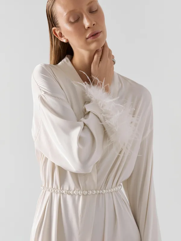 Халат женский, с длинным рукавом, полиэстер/перо, молочный, Adria, image-2