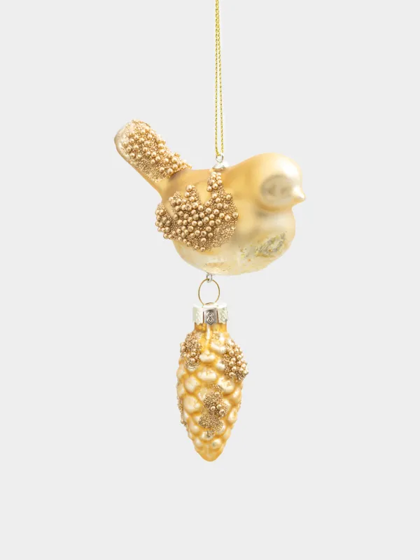 Игрушка елочная, 11 см, стекло, с блестками, золотистая, Птичка с шишкой, Figure christmas, image-0