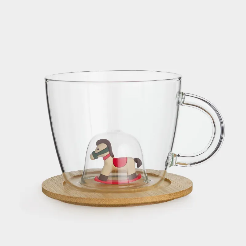 Кружка, 380 мл, стекло Б/бамбук, на подставке, Лошадка, Shape
