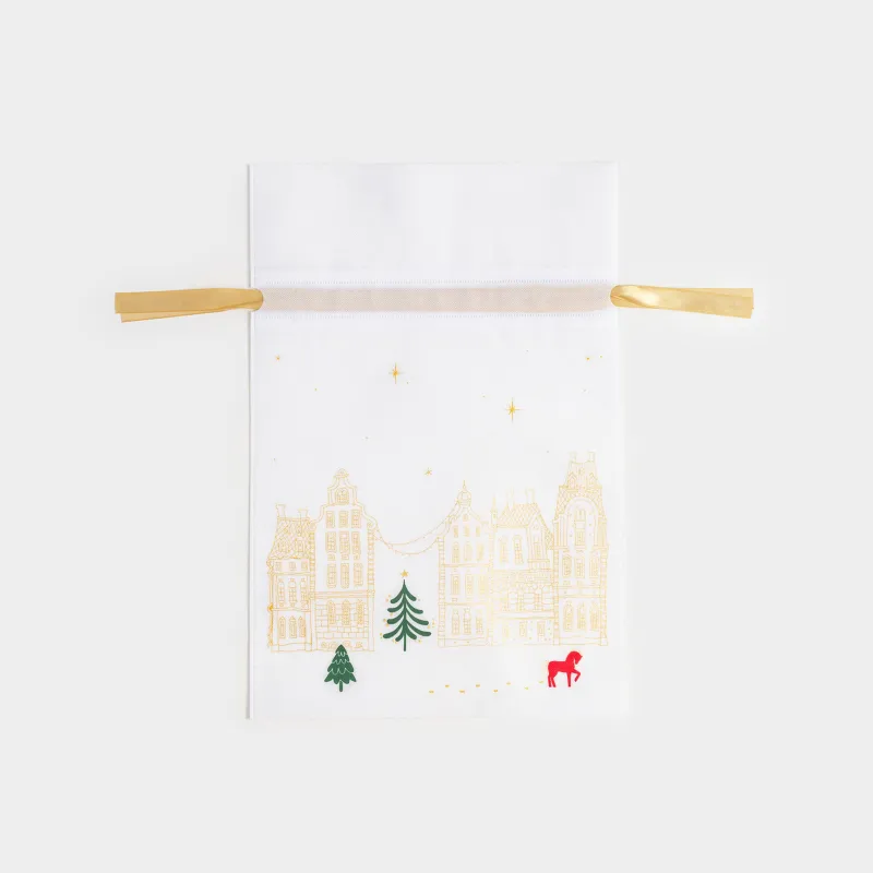 Мешок подарочный, 20х30 см, с завязками, полипропилен, белый, Домики и лошадь, Snow sparks