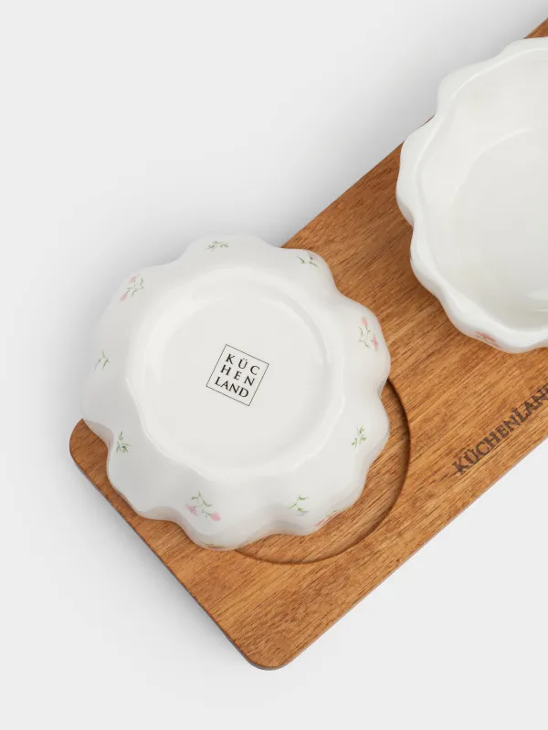 Набор для закусок, 3 пр, на подставке, керамика/дерево, белый, Нежные цветы, El floria, image-4