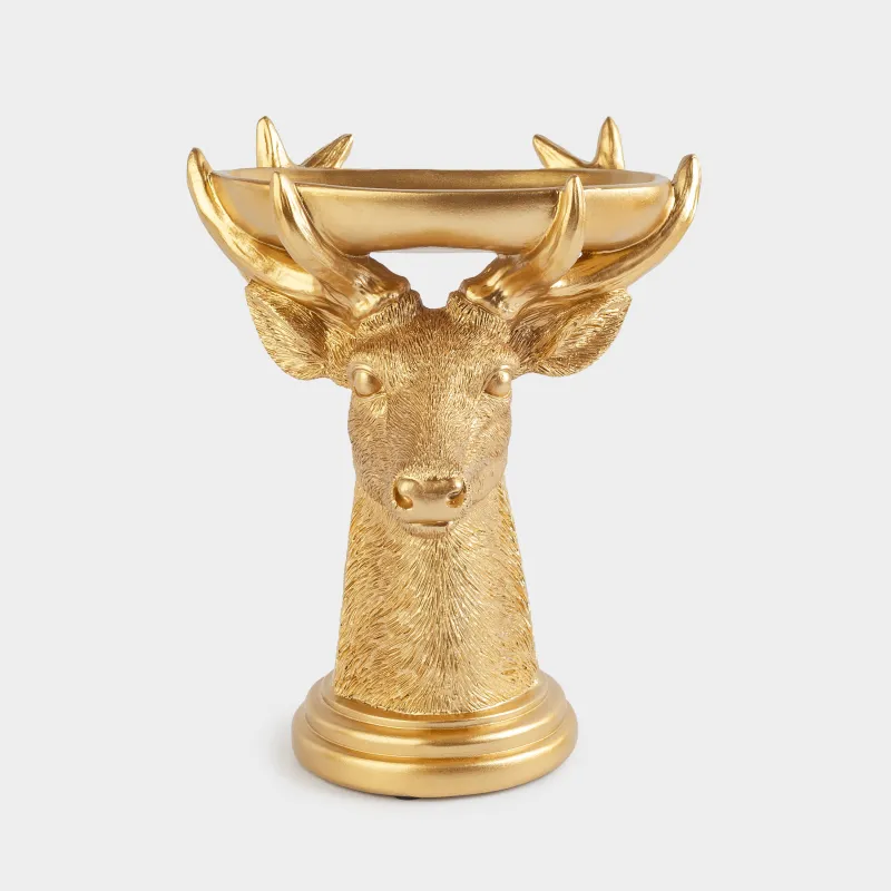 Блюдо декоративное, 22 см, полирезин/сталь, золотистое, Олень с подносом, Deer gold