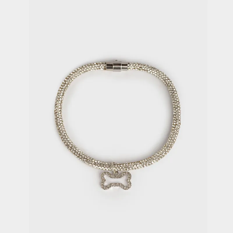 Ошейник для животных, 30 см, декоративный, металл/стразы, серебристый, Кость, Crystal pet