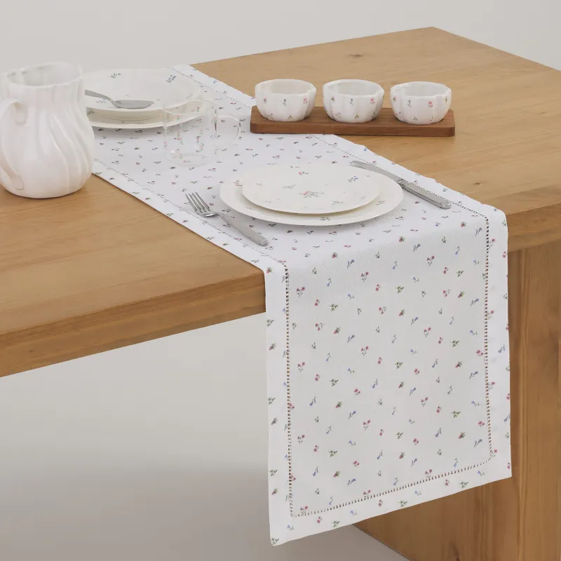 Дорожка настольная, 40х160 см, полиэстер, белая, Цветы, Hemstitch floria