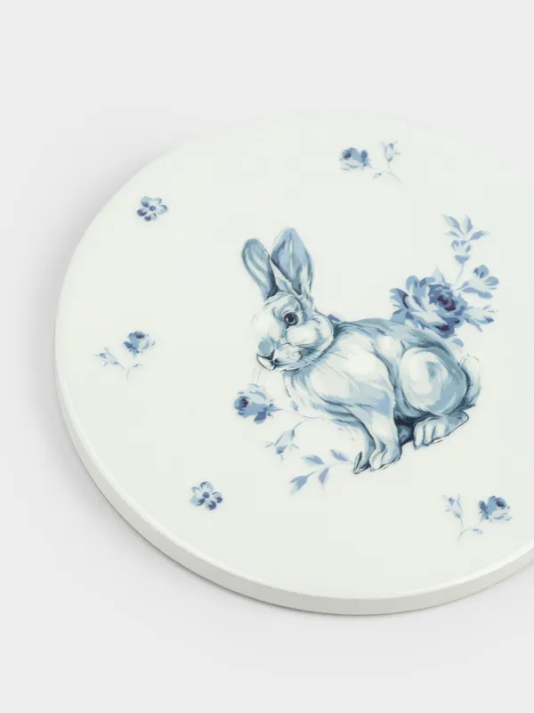 Подставка под кружку, 11 см, круглая, керамика/пробка, бело-синяя, Кролик, Tradition Easter, image-1