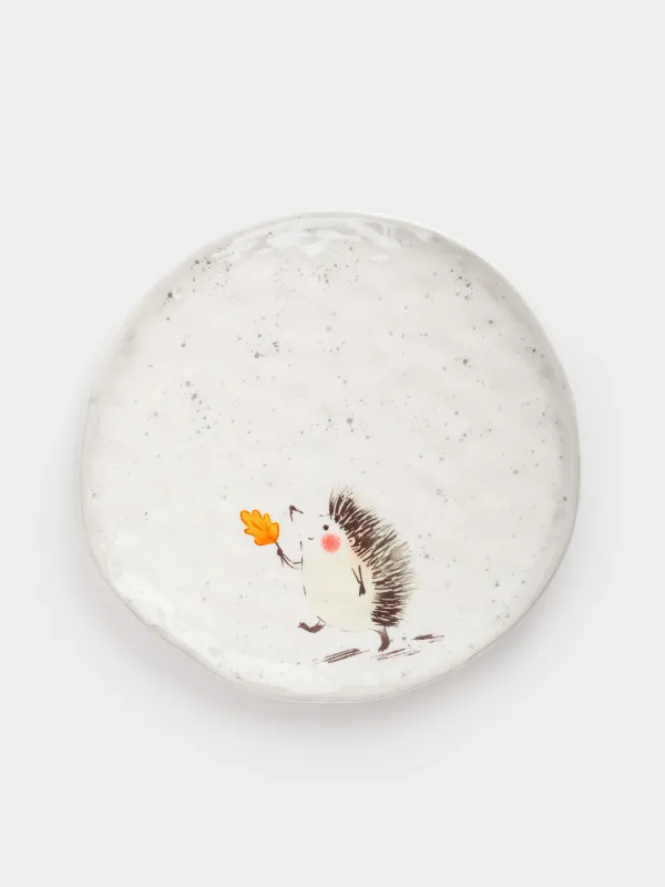Тарелка закусочная, детская, 19 см, керамика, молочно-серая, в крапинку, Ежик, Hedgehog walk, image-0