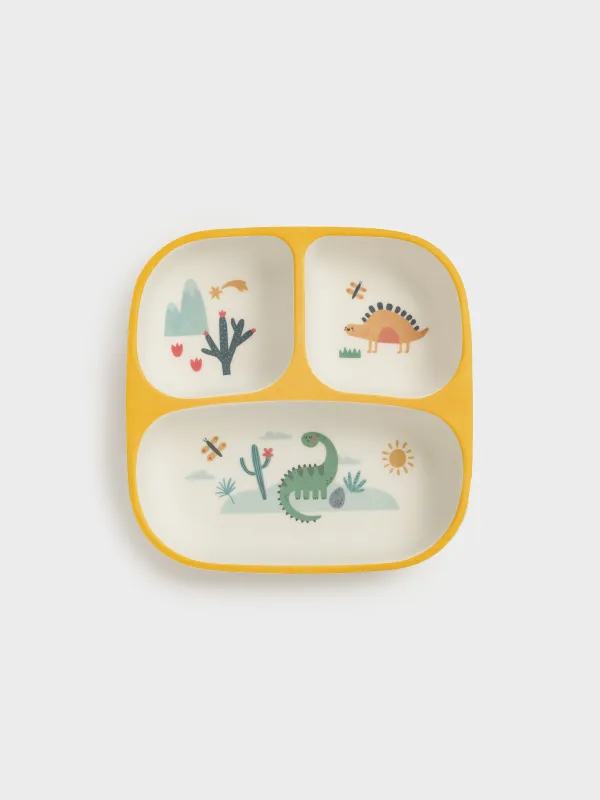 Тарелка обеденная, детская, 18 см, 3 отд, бамбук, квадратная, желтая, Динозавры, Dino, image-0