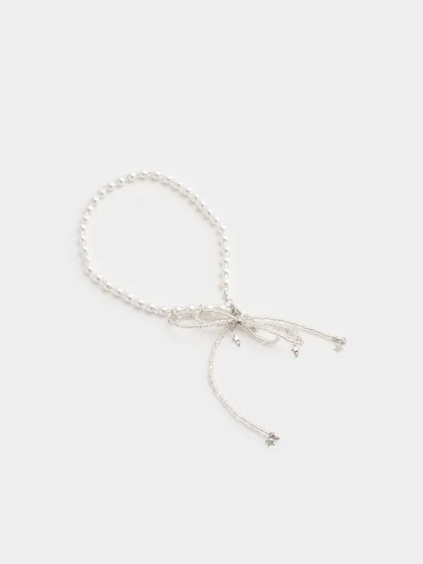 Колье, 52 см, пластик/стразы/металл, серебристое, Бант, Pearl, image-2