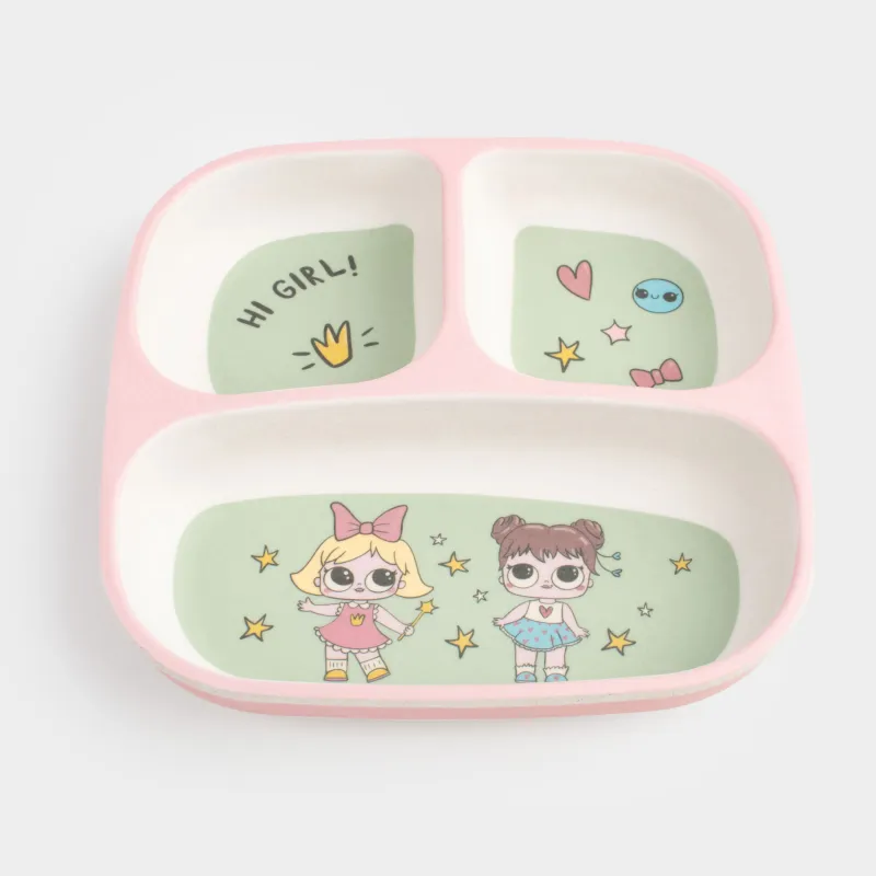 Тарелка обеденная, детская, 18 см, 3 отд, бамбук, розово-зеленая, Девочки в платьях, Sweet loli, image-1