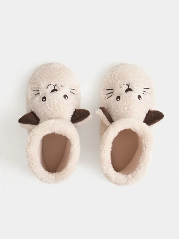 Тапочки детские, домашние, высокие, флис/полиэстер, бежевые, Кот, Funny cat, image-1