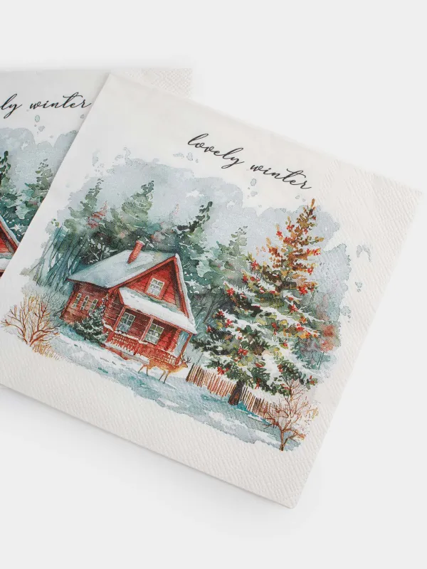Салфетки бумажные, 33х33 см, 20 шт, квадратные, белые, Дом и олень, Winter house, image-3