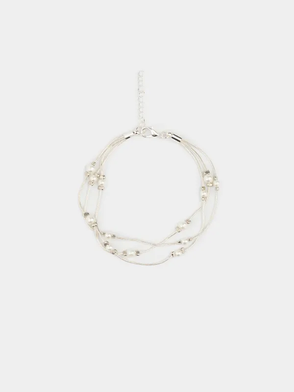 Браслет, 18 см, тройной, металл/пластик, серебристый, Бусины, Pearl, image-0