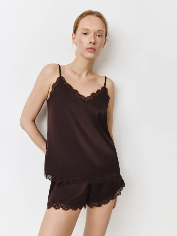 Комплект женский, домашний, р. S, топ/шорты, с кружевом, полиэстер/эластан, коричневый, Pellageya, image-0