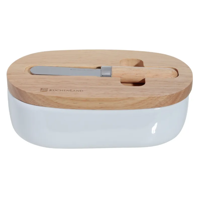 Масленка, 15 см, с ножом, фарфор N/дерево, овальная, Light kitchen