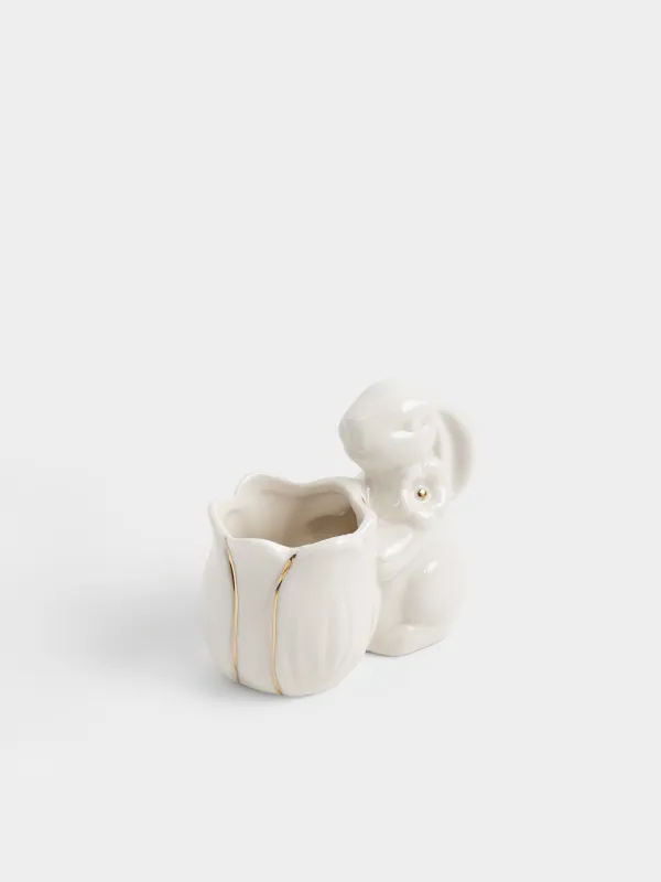 Подставка для зубочисток, 9 см, фарфор P, молочно-золотистая, Кролик с цветком, Flora Easter, image-1