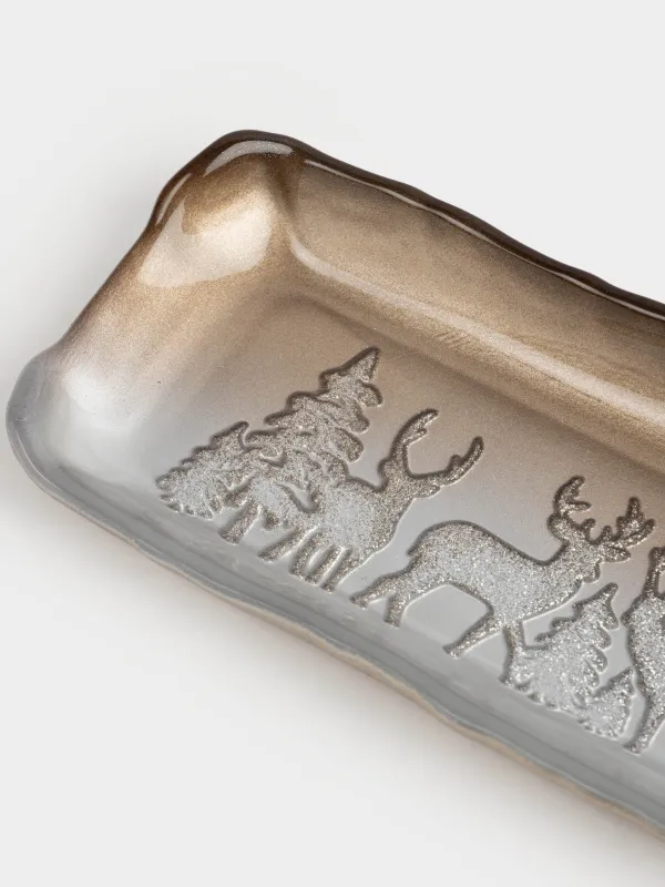 Блюдо, 29х11х3 см, стекло, молочно-бронзовое, Олени в лесу, Brumal, image-3