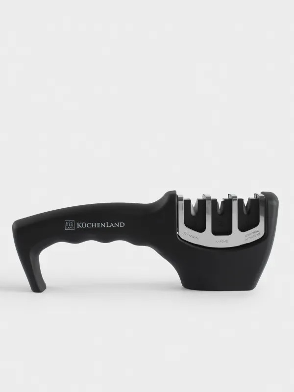 Точило для ножей, 20 см, три этапа заточки, пластик/сталь, черное, Accessories, image-0