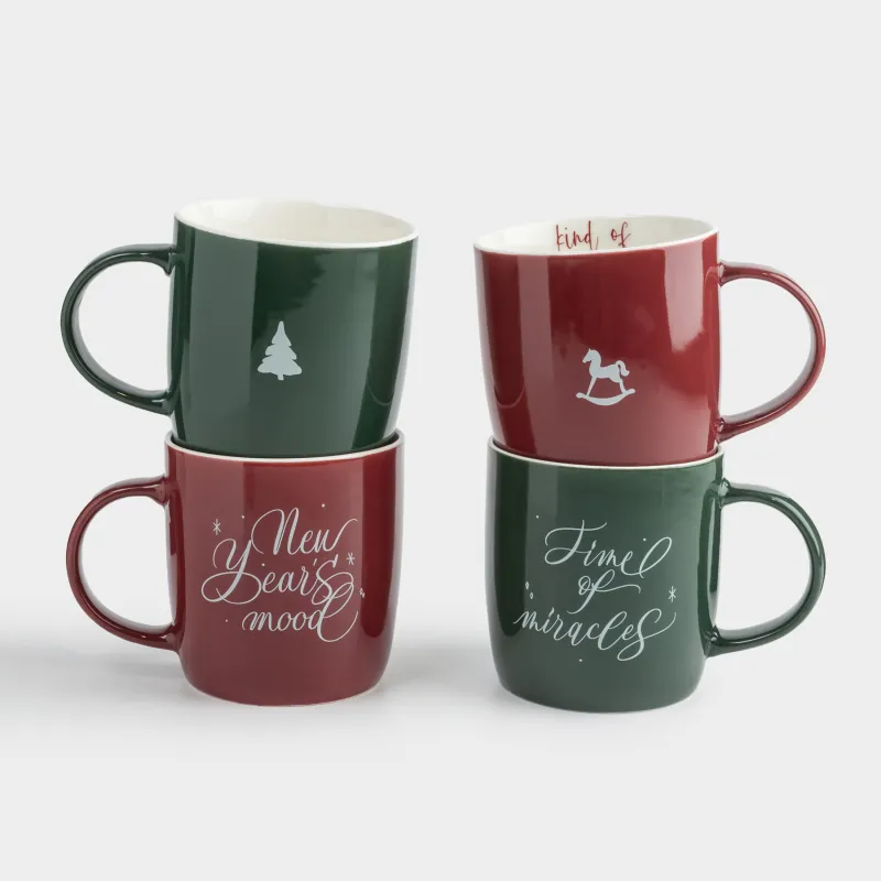 Кружка, 360 мл, 4 шт, фарфор N, бордовая/зеленая, Новогодний микс, Magic moments
