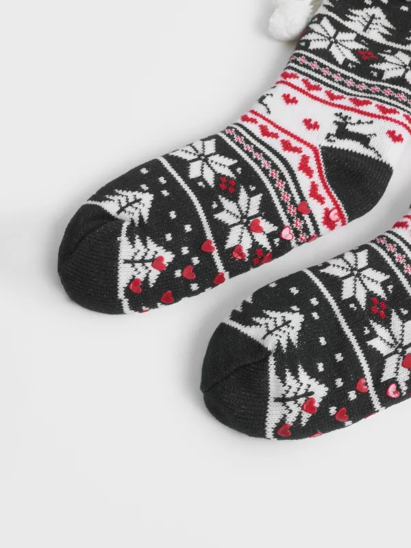 Носки домашние с помпонами, бело-красные, Hot winter, image-3