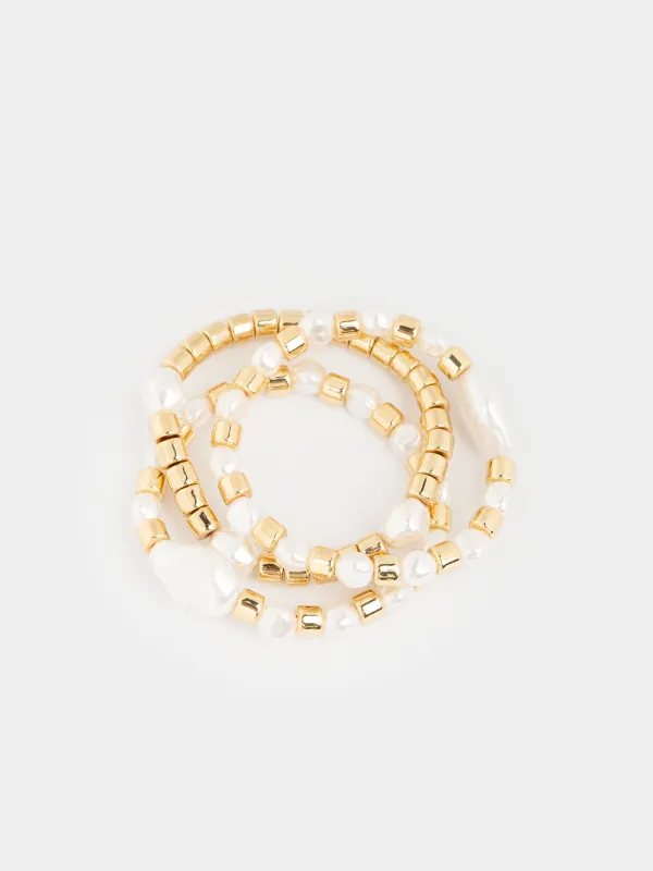 Набор браслетов, 18 см, 3 шт, акрил/пластик, золотистый, Бусины, Pearl, image-0