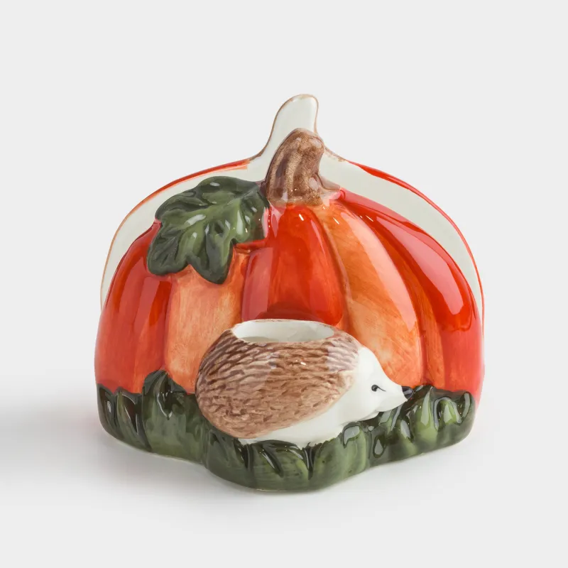 Салфетница, 12 см, с отделением для зубочисток, керамика, Еж с тыквой, Forest symphony