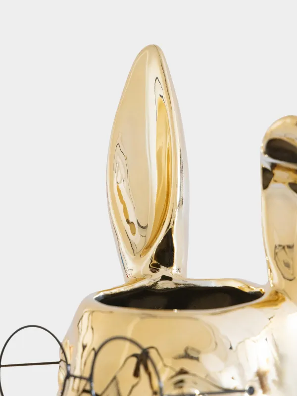 Ваза для цветов, 30 см, декоративная, фарфор P/металл, золотистая, Кролик в очках, Rabbit gold, image-3