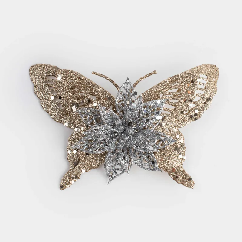 Украшение декоративное, 16 см, на клипсе, пластик, шампань, Бабочка с цветком, Flower decor