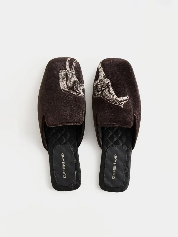 Тапочки женские, домашние, вельвет/сатин/искусственная кожа, коричневые, Лошадь, Slippers horse, image-1