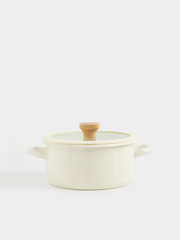 Кастрюля, 20 см, 2,9 л, с крышкой, металл эмалированный/дерево, молочная, Enamel wood, image-0