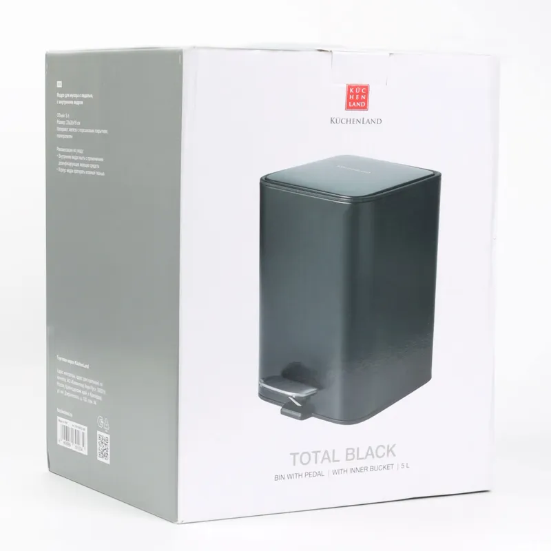 Емкость для мусора, 5 л, с педалью, металл, квадратная, черная, Total black, image-7