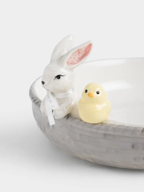 Блюдо глубокое, 26х6 см, керамика D, молочно-серое, Кролик и цыпленок в корзине, Easter, image-2