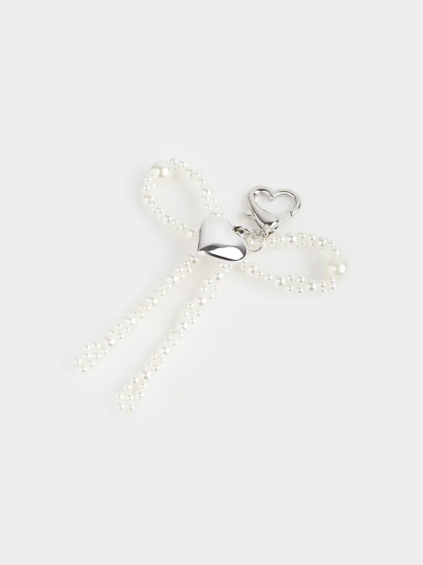 Брелок, 9 см, акрил/металл, серебристый, Сердце и бусины, Pearl heart, image-1