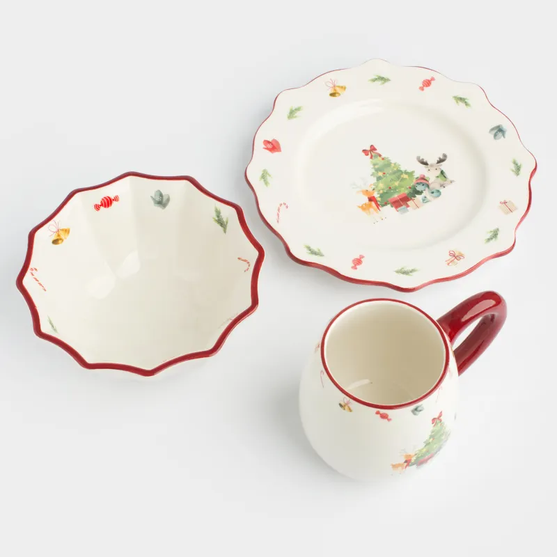 Набор посуды, детский, 1 перс, 3 пр, керамика, бело-красный, Животные с елкой, Friends forest, image-1