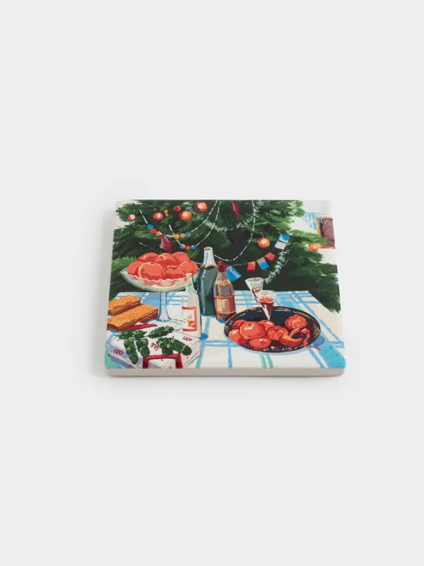 Подставка под кружку, 11х11 см, квадратная, керамика/пробка, Застолье, Feast christmas, image-1