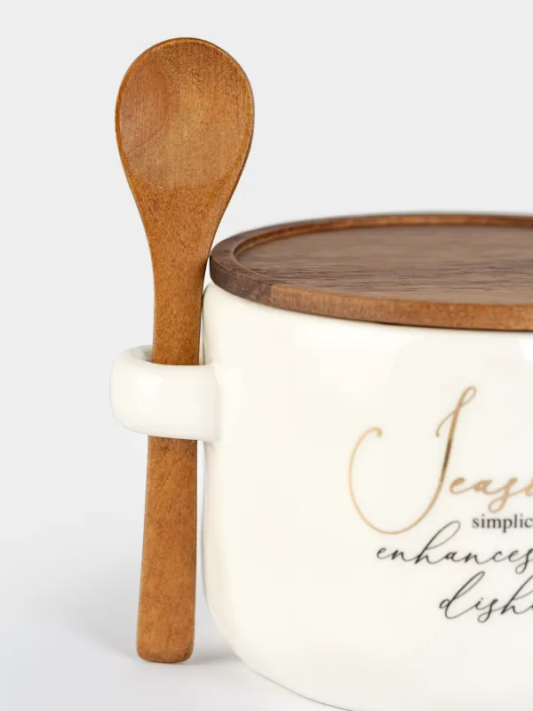 Емкость для специй, 12x9 см, 550 мл, с ложкой, керамика/дерево, Мятый эффект, Crumple kitchen, image-1