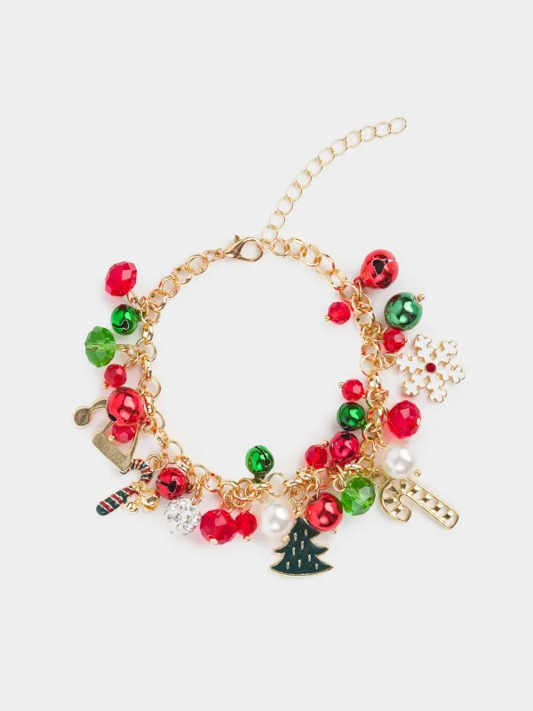 Браслет, 25 см, с подвесками, металл, золотистый, Красные и зеленые бусины, Jewelry christmas, image-0