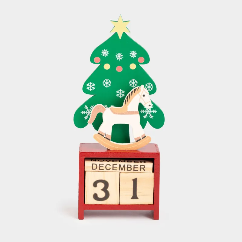 Календарь настольный, 7x14 см, с кубиками, МДФ, зелено-красный, Лошадка, Christmas style