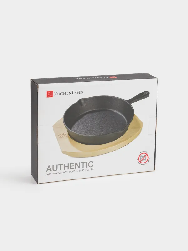 Сковорода, 20 см, на подставке, чугун/дерево, круглая, черная, Authentic, image-9