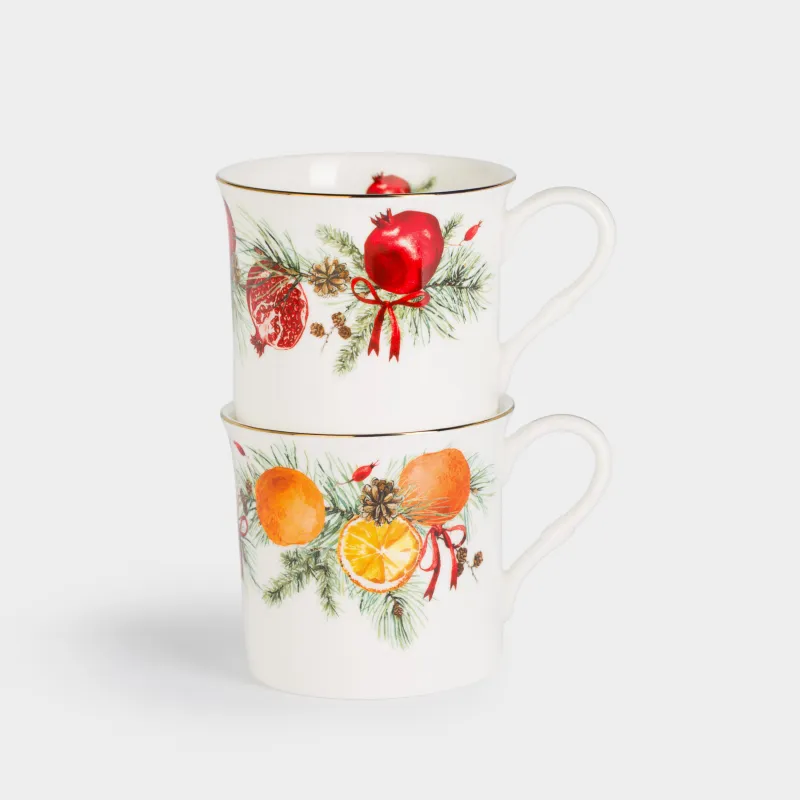 Кружка, 300 мл, 2 шт, фарфор F, белая, Апельсины/Гранаты, Christmas miracle